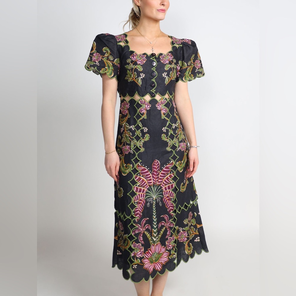 Farm Rio Women's Ravenala Floral Short Sleeve Midi Dress Sz Small